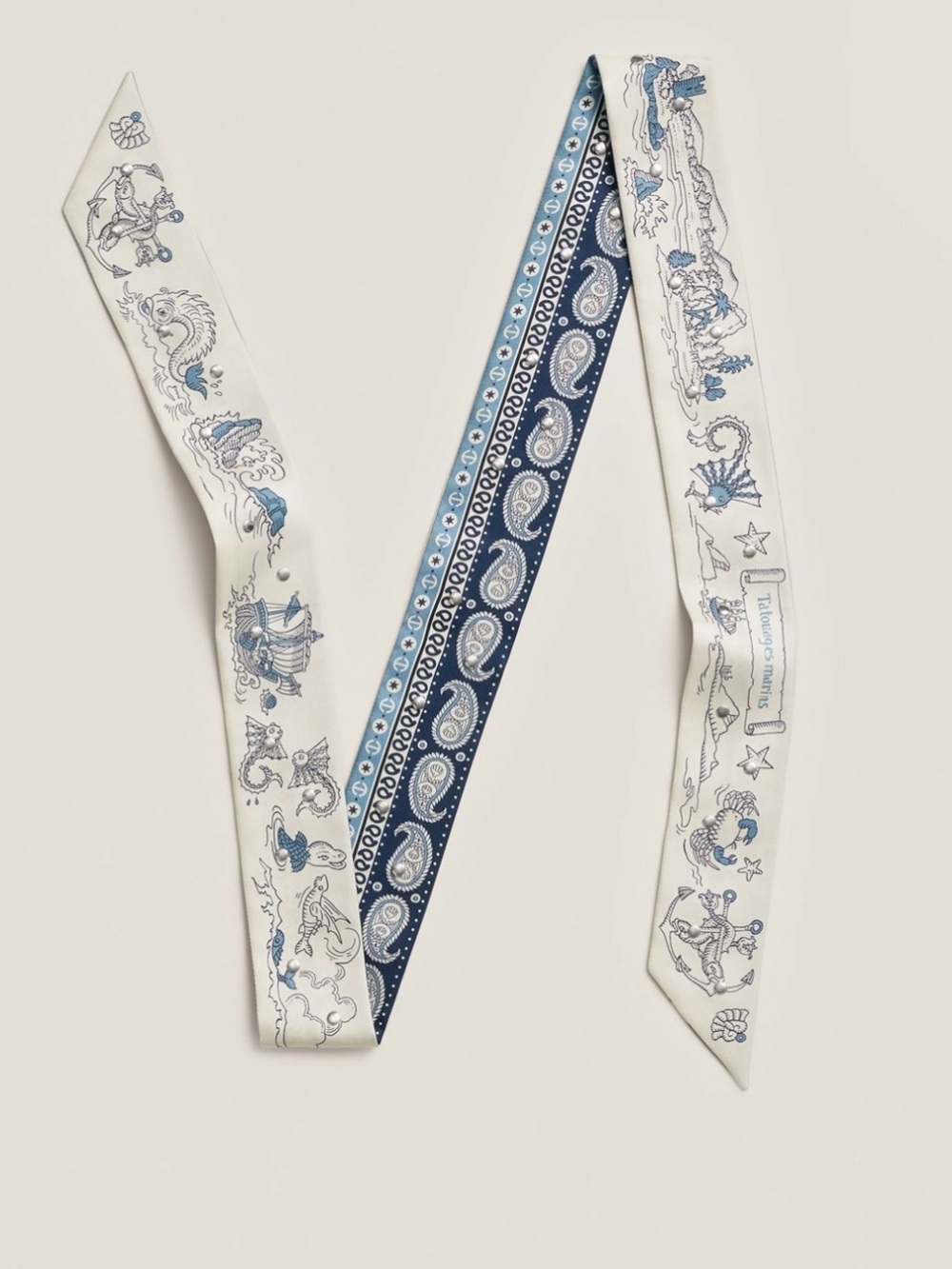Hermes Studded Twilly Scarf Bandana Silk Ribbon. Navy Blue/Blue Denim/White NIB